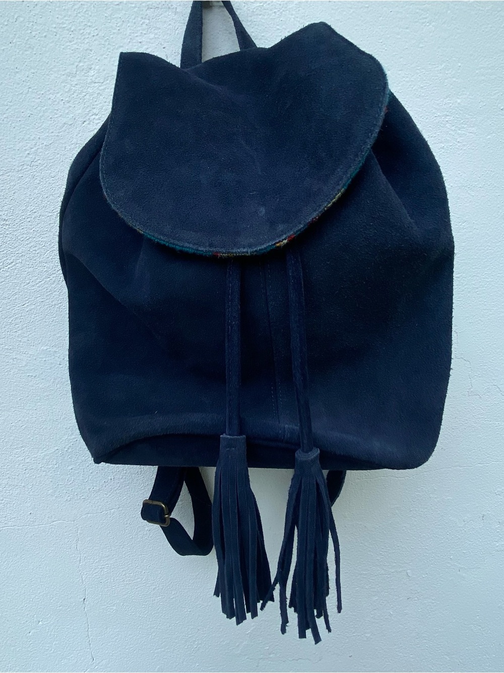 Colombian Navy Blue Suede Fringe Drawstring Backpack